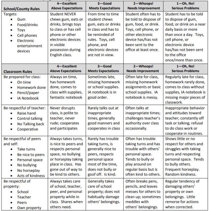 Rubric for assessing student behavior in school and classroom
