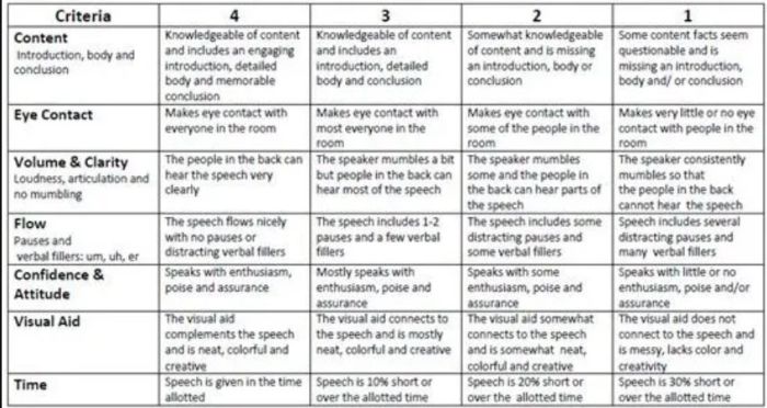 Rubric example for grading oral presentations given by middle school students