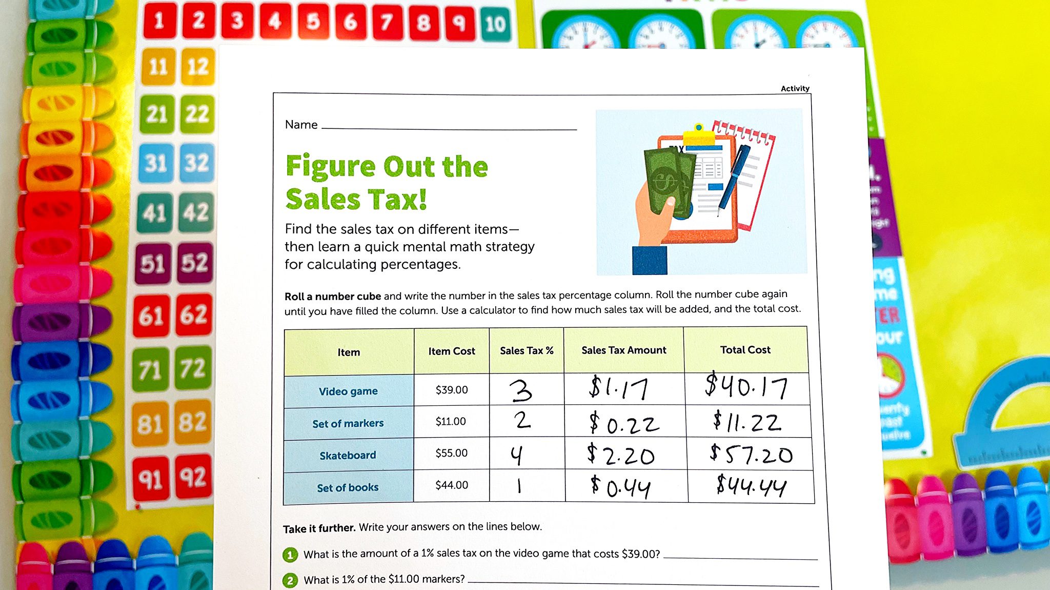 (opens in a new tab) Flay lay of 'Calculating Sales Tax' lesson
