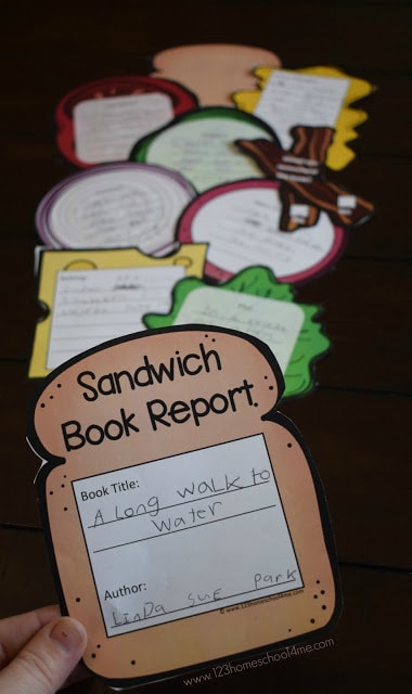 a sandwich book report with different pieces of colored paper acting as ingredients for the sandwich, like lettuce, onion and tomato. Each ingredient has a written part of the book report. 