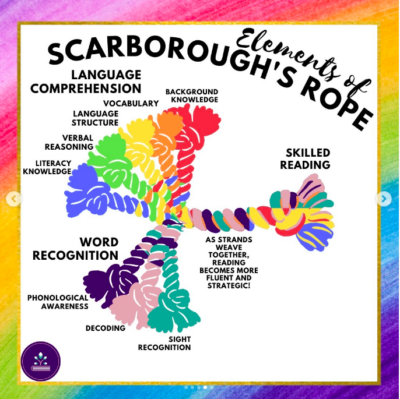 Infographic of the components of scarborough's rope to illustrate components of science of reading curriculum