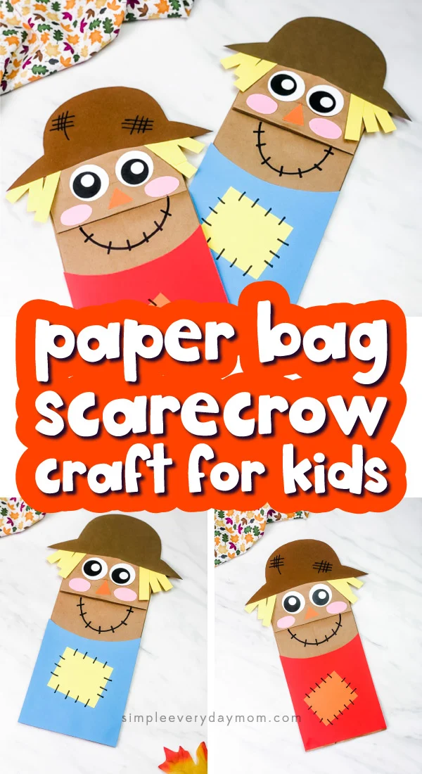 Scarecrow puppets are made from brown paper bags and construction paper. Text reads, "paper bag scarecrow craft for kids"