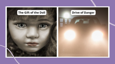Collage of images illustrating spooky campfire stories, including The Gift of a Doll and Drive of Danger