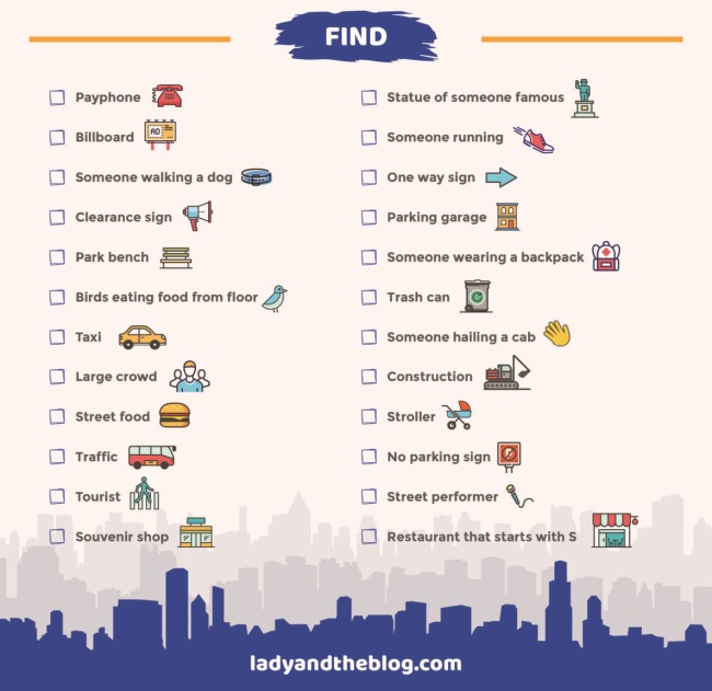 A scavenger hunt checklist for exploring a city, with items like 
