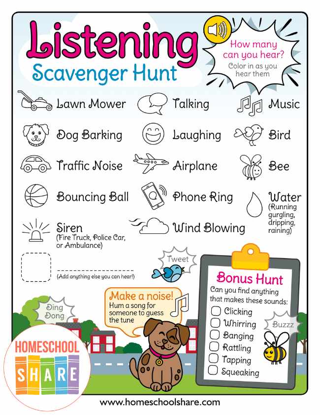 Printable scavenger hunt kids can complete by listening for specific items like a siren or a lawnmower