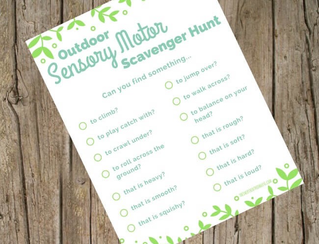 Printable Outdoor Sensory Motor scavenger hunt with items like "find something you can roll"
