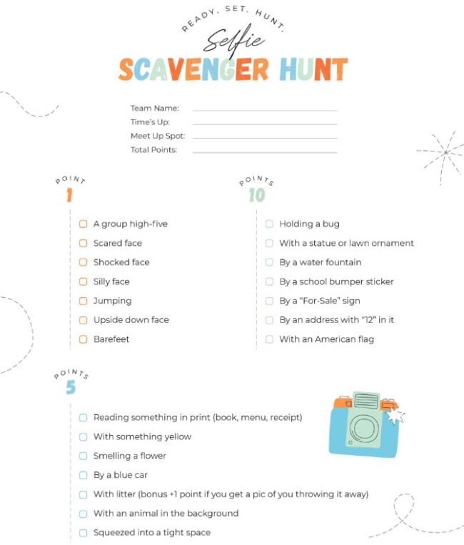 A printable scavenger hunt to complete by taking selfies of yourself doing different activities