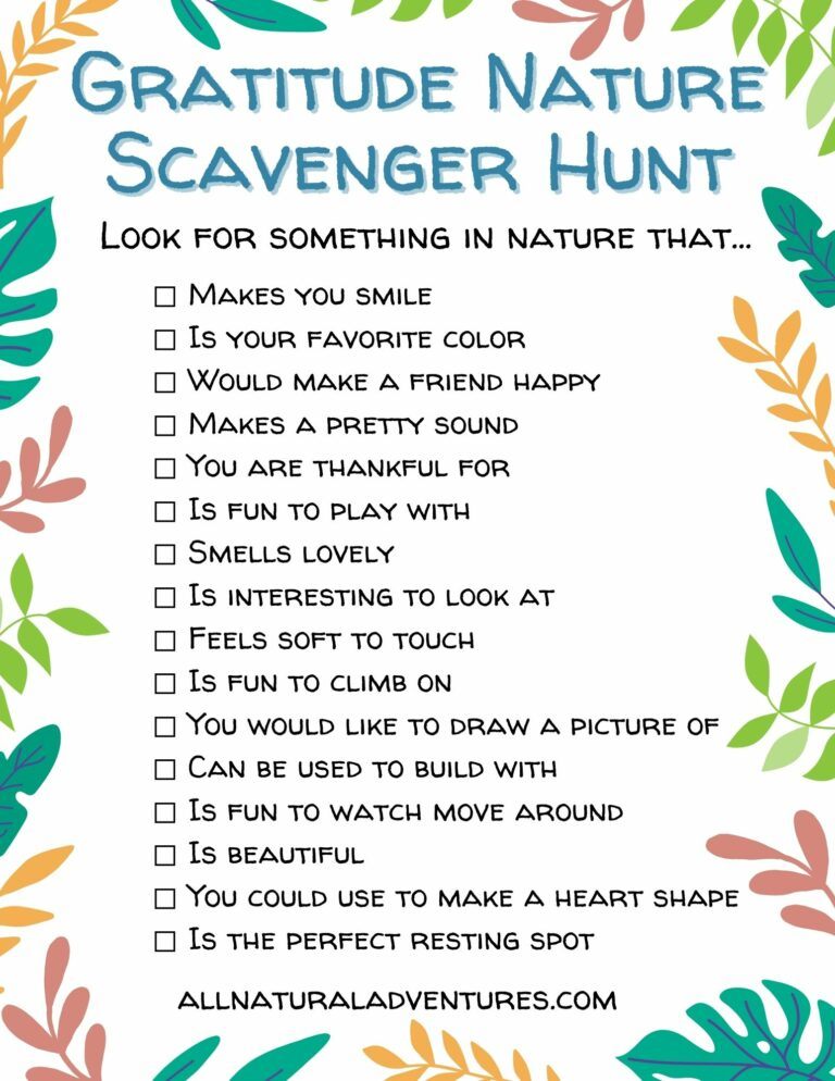 Title says Gratitude Nature Scavenger Hunt with a list of items to find in this example of gratitude activities for kids.