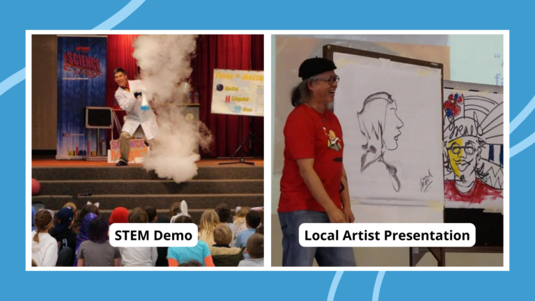 Collage of school assembly ideas, including a STEM demo and local artist presentation