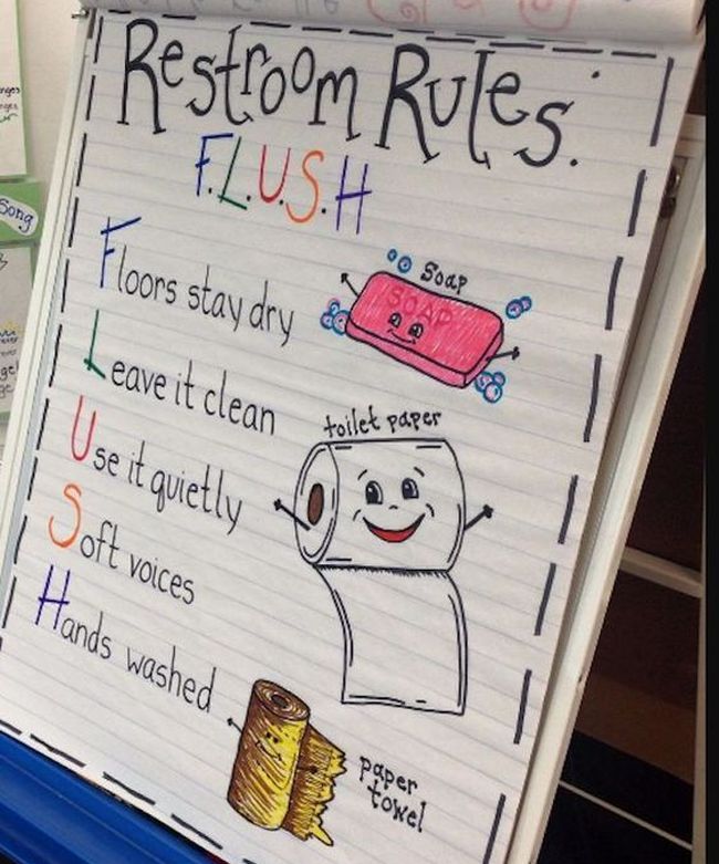 Restroom Rules anchor chart reading FLUSH: Floors stay dry, Leave it clean, Use it quietly, Soft voices, Hands washed (School Bathroom Etiquette)