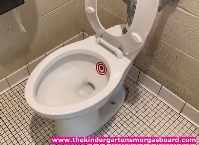 Small red target in the bowl of a public toilet