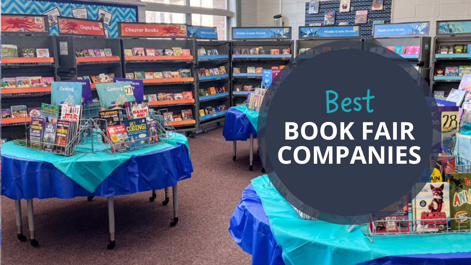 School book fair set up on shelves and tables. Text reads Best Book Fair Companies