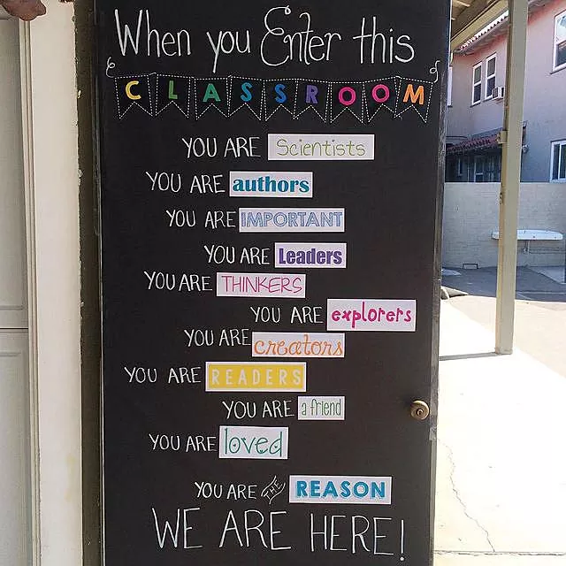 A decorated classroom door with inspiring messages for students