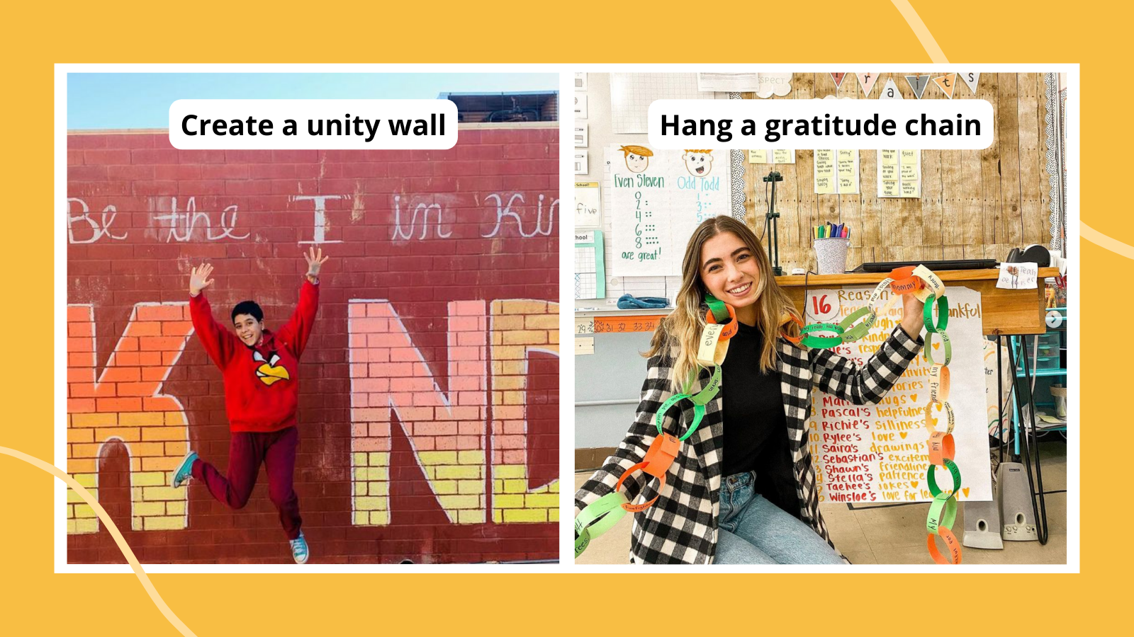 Examples of school spirit ideas for student council including creating a unity wall and hanging a gratitude chain.