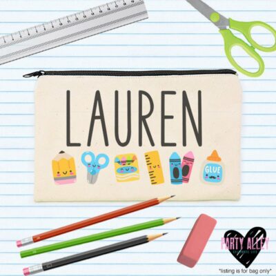 cute pencil pouch with school supplies and student name
