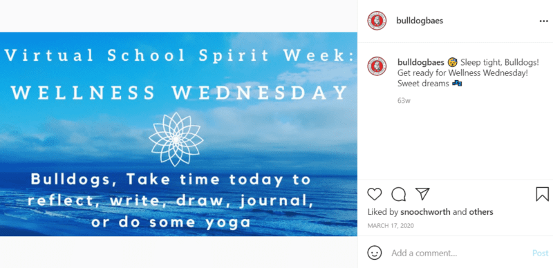Flyer with blue skies and water advertising Wellness Wednesday as part of virtual school spirit week