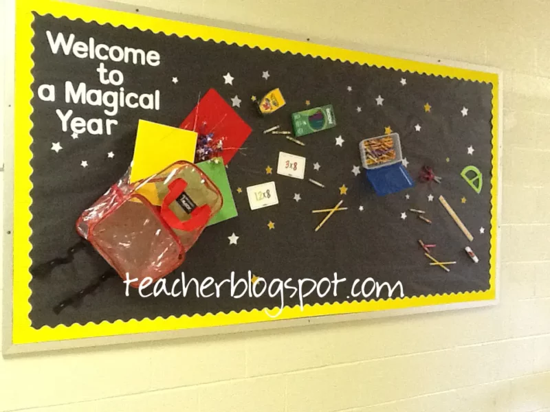 A September bulletin board has a black background with white writing that says "welcome to a magical year." A real, clear backpack has actual school supplies appearing to spill out of it across the board including a pencil case and folders.