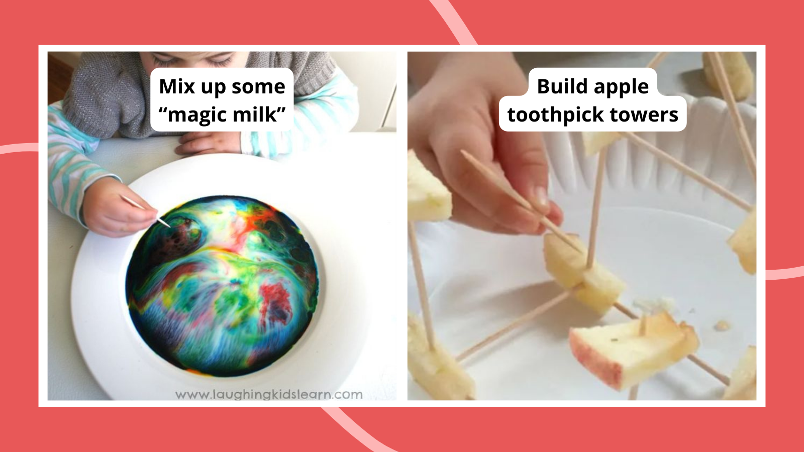 Collage of science activities for preschoolers, including "magic milk" and apple toothpick towers