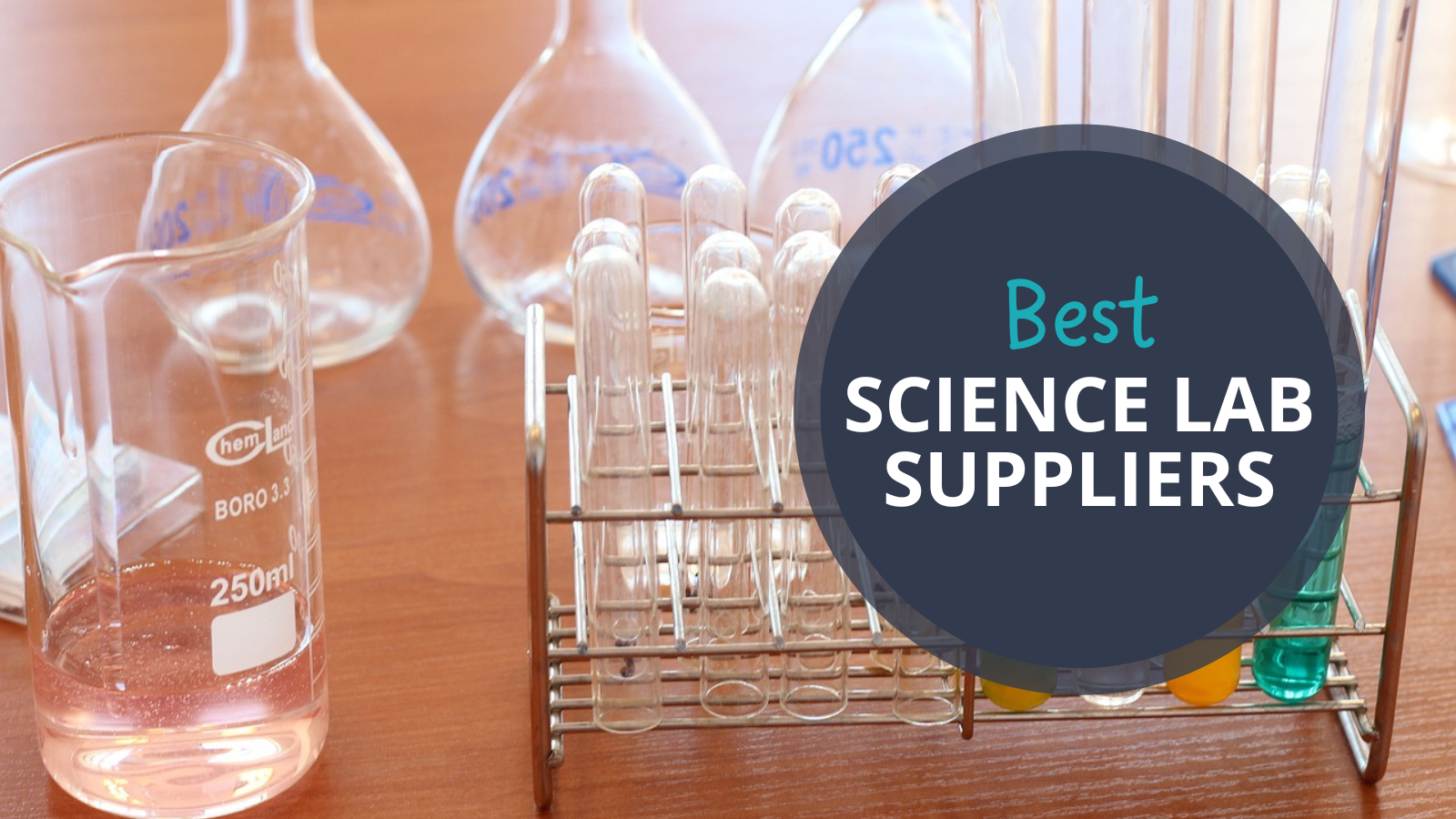 Science lab glassware like beakers and test tubes. Text reads Best Science Lab Supplies