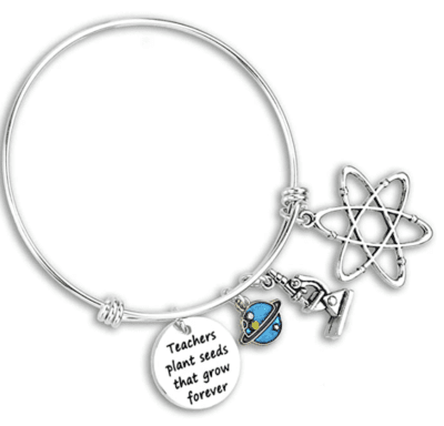 Science teacher bracelet with microscope, atom, and planet charm