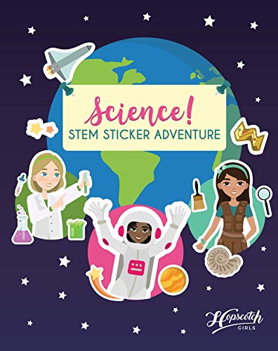 A book cover shows cartoon female scientists and astronauts. The text reads Science! STEM Sticker Adventure.