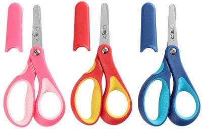 Colored safety scissors with rubber tips.