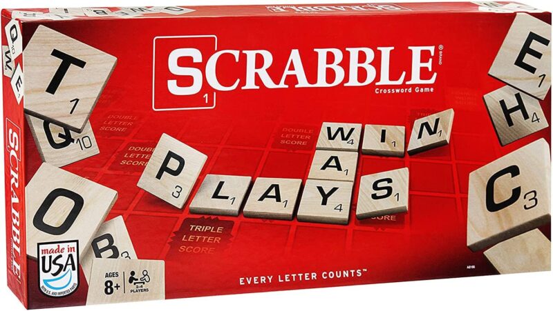 A red box says Scrabble in white letters and shows letter tiles forming words.