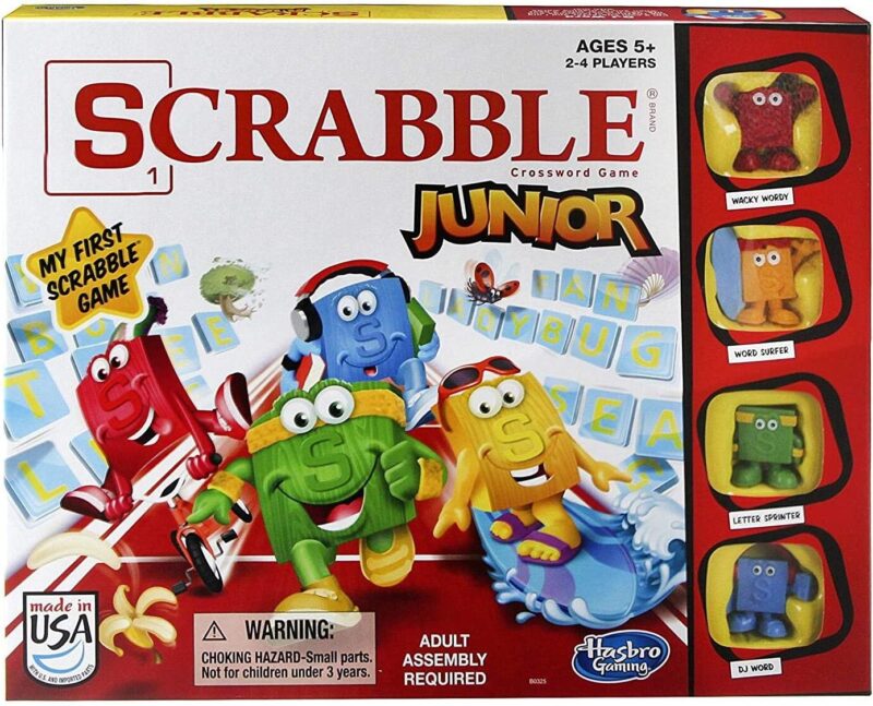 Cartoon letter tiles are on a game box that says Scrabble Junior.