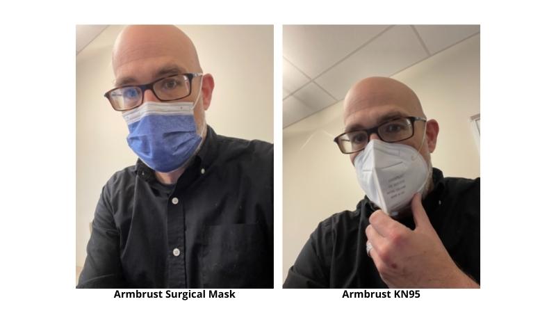 Collage of male teacher wearing surgical and KN95 masks