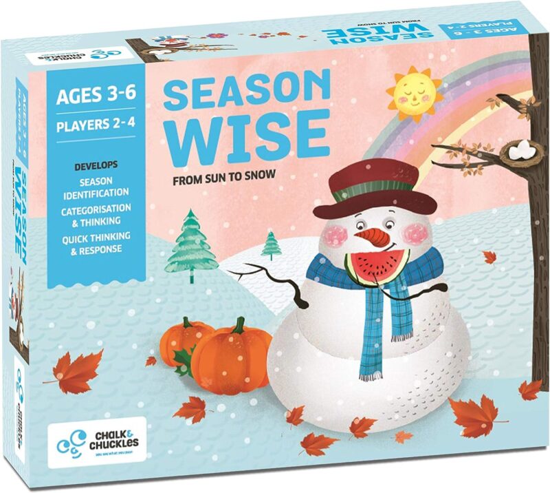 A game board box features a snowman, pumpkins, a rainbow, and a sun. The text reads Season Wise in big letters.