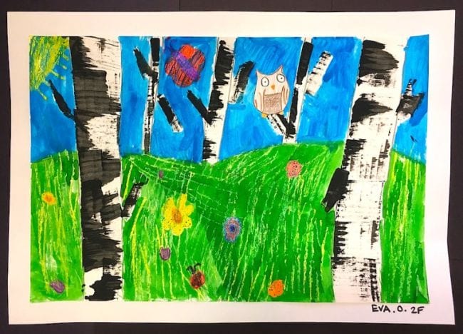 Child's painting of a birch tree forest with small animals