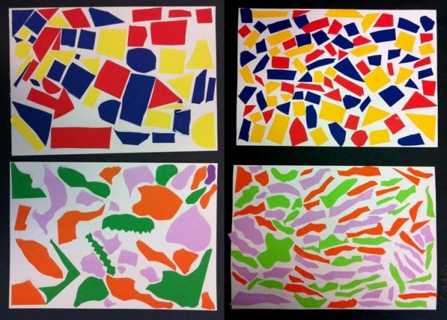 Collages of colored paper shapes (Second Grade Art)