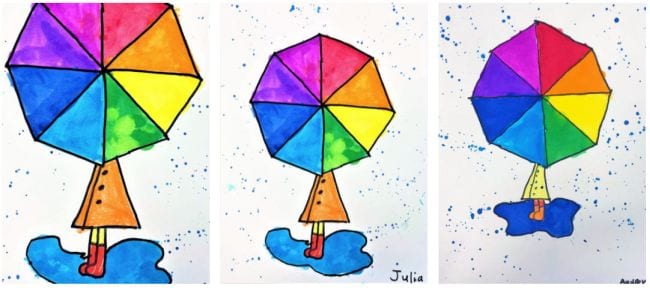 Illustration of an open umbrella shaded like a color wheel, with lower body and feet at the bottom