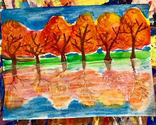 Painting of fall trees reflected in water