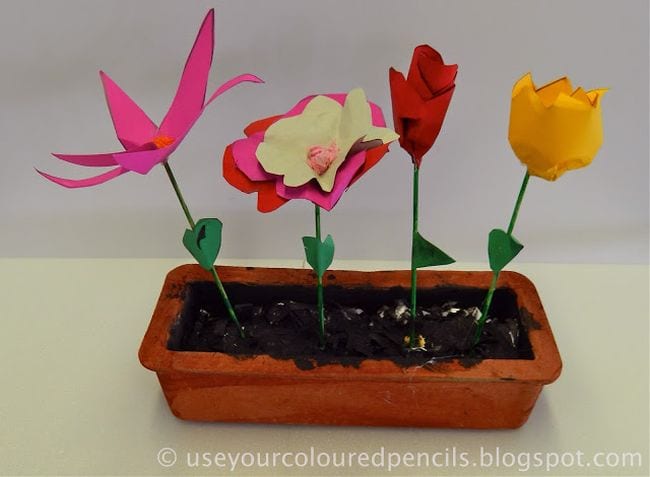 Clay planter box with paper flowers (Second Grade Art)