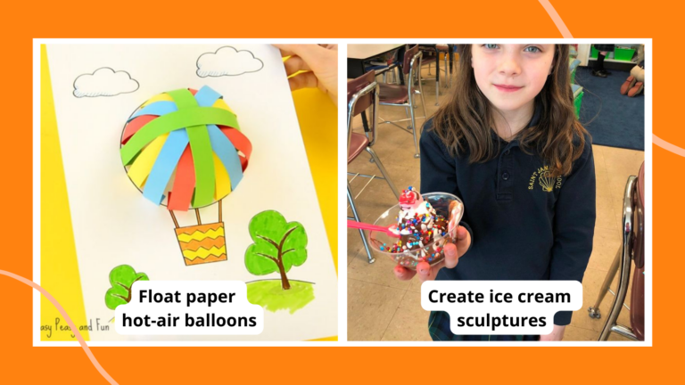 Examples of second grade art projects including a girl holding an ice cream sculpture and a 3D hot air balloon drawing.