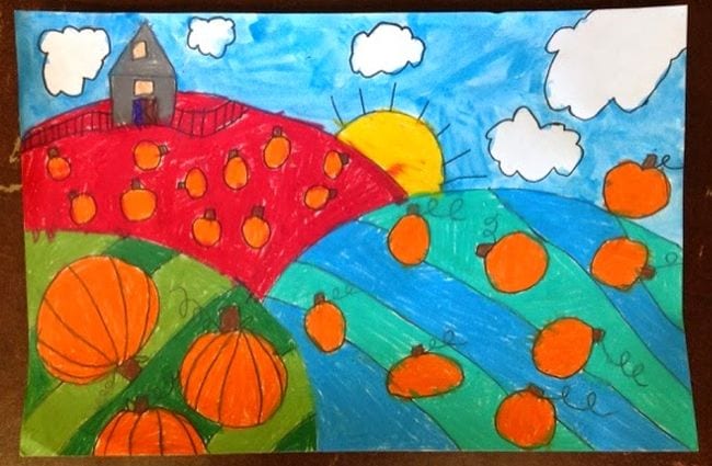 Colorful drawing of pumpkins on a striped hillside