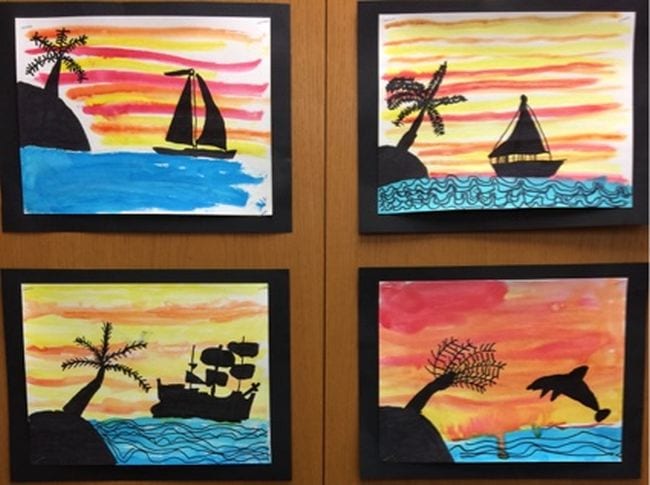 Silhouette pictures of desert islands, ships, and dolphins against a sunset sky (Second Grade Science)