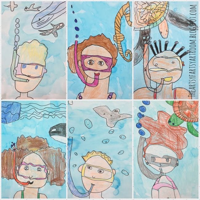 Illustrations of children underwater with snorkels and masks