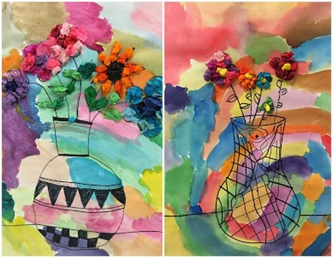 Line drawings of patterned vases on watercolor backgrounds with tissue paper flowers
