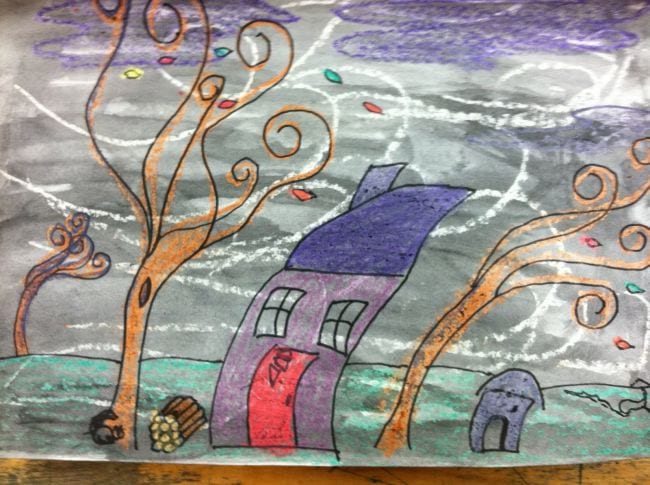 Drawing of a house and trees bending in the wind (Second Grade Art)