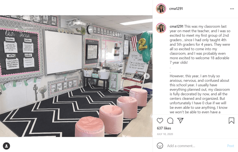 Chic affordable classroom decoration with black and white carpet and pink chairs