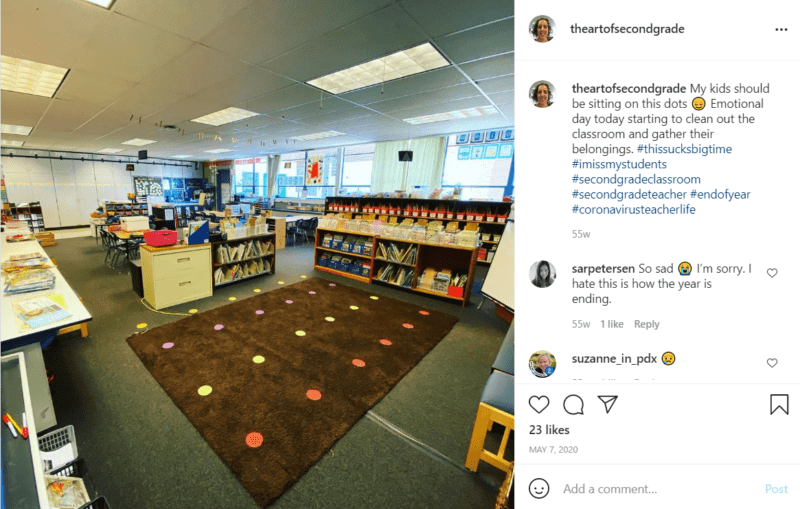 Carpet in a classroom with polka dots on for kids to sit on