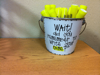 Highlighters in a mug so students mark their name before turning in.