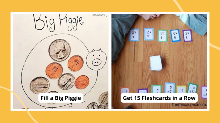 Collage of second grade math games, including Fill a Big Piggie and Get 15 Flashcards in a Row