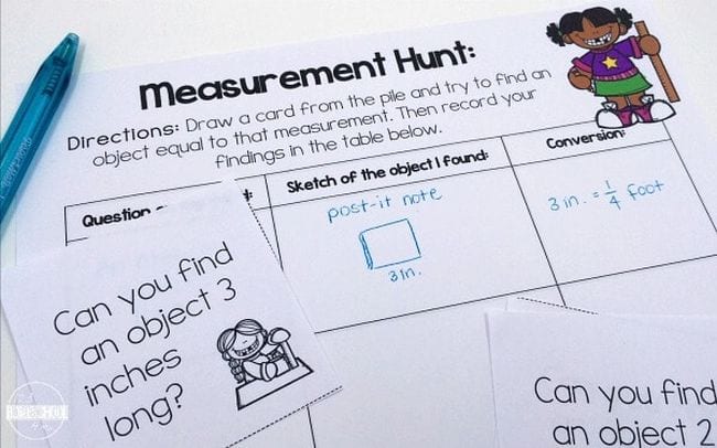 Measurement hunt printable second grade math worksheets with a card reading "Can you find an object 3 inches long?"