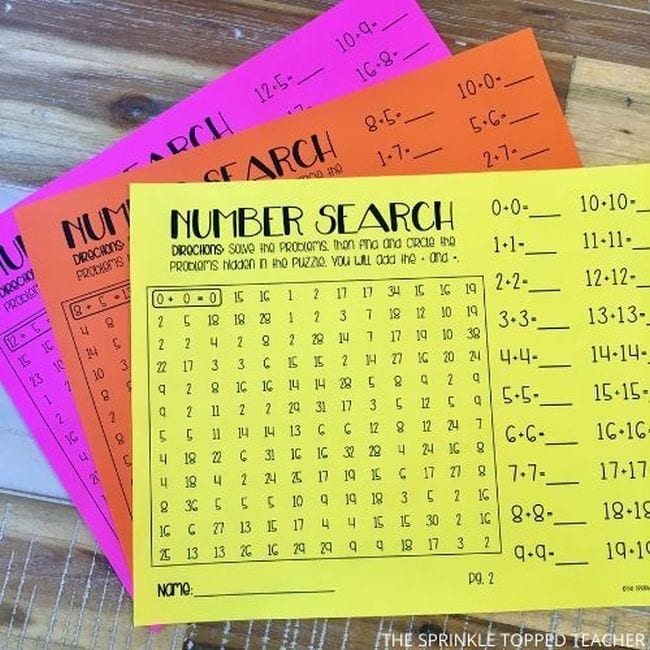 Colorful worksheets labeled Number Search with rows of numbers and equations to find