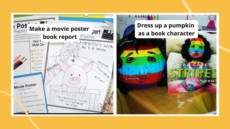 Movie poster book report example and pumpkin book character costume example