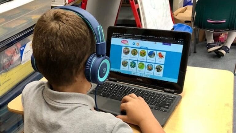 Student with headphones researching animals using laptop