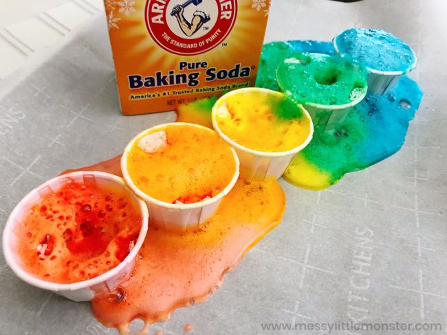 Small paper cups filled with colorful foam with a box of baking soda